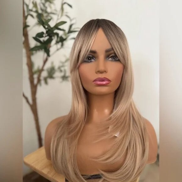 Stylish layered Blonde Ombre Straight Hair Classic Wig cap Wig - Picture 2 of 7